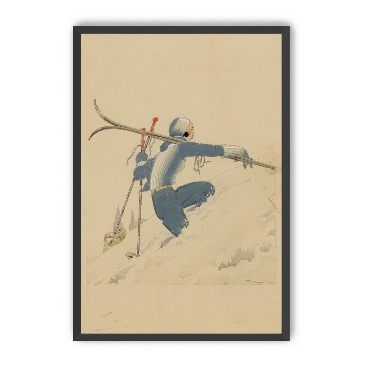 Blue skier in pale snow