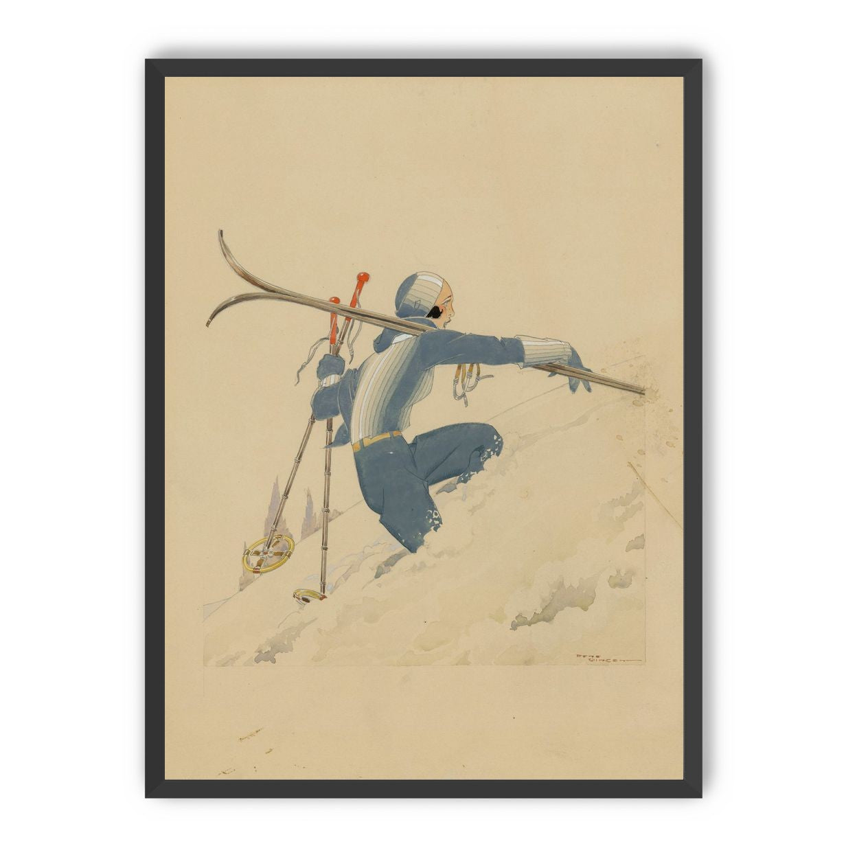 Blue skier in pale snow