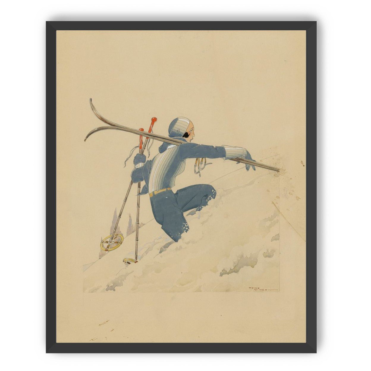 Blue skier in pale snow
