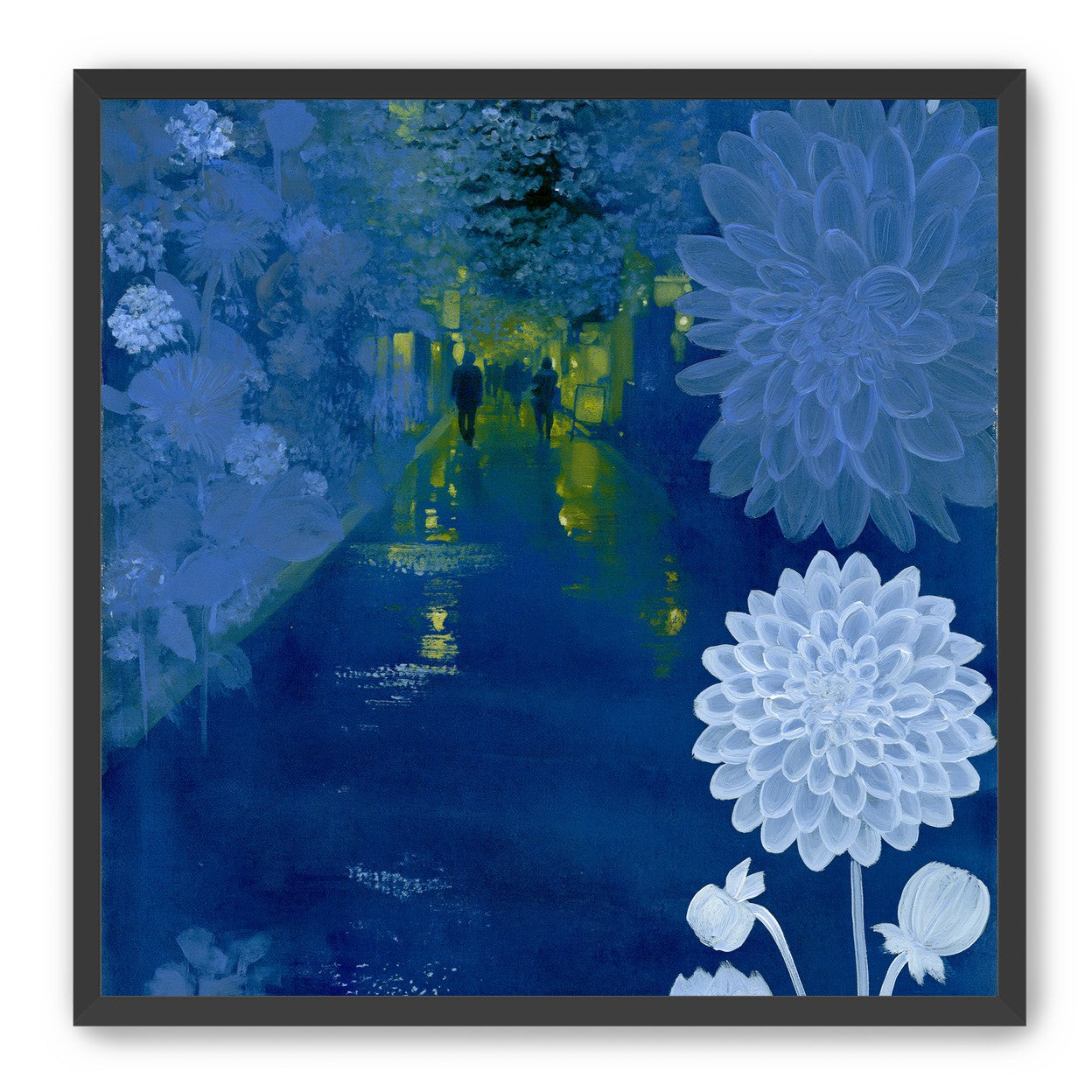 Two walkers under giant flowers