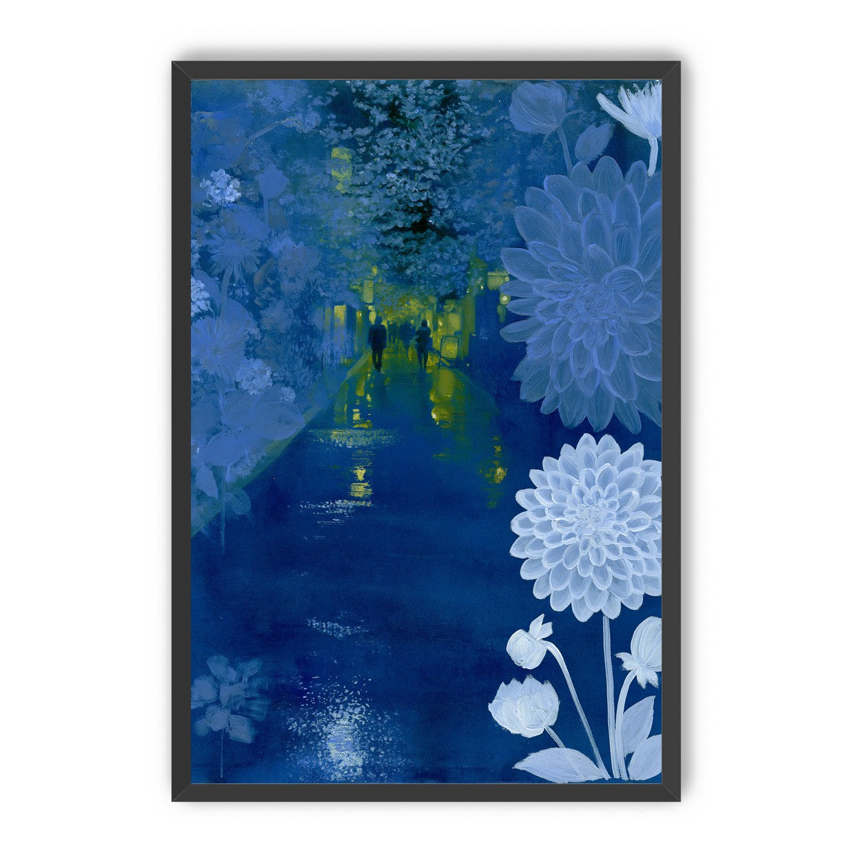 Two walkers under giant flowers