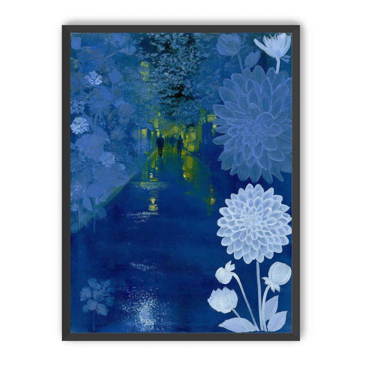 Two walkers under giant flowers
