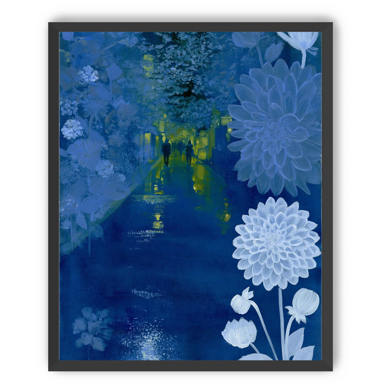 Two walkers under giant flowers