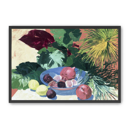 Blue bowl under palm frond