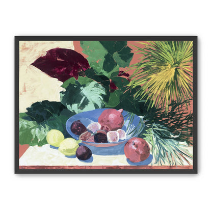 Blue bowl under palm frond