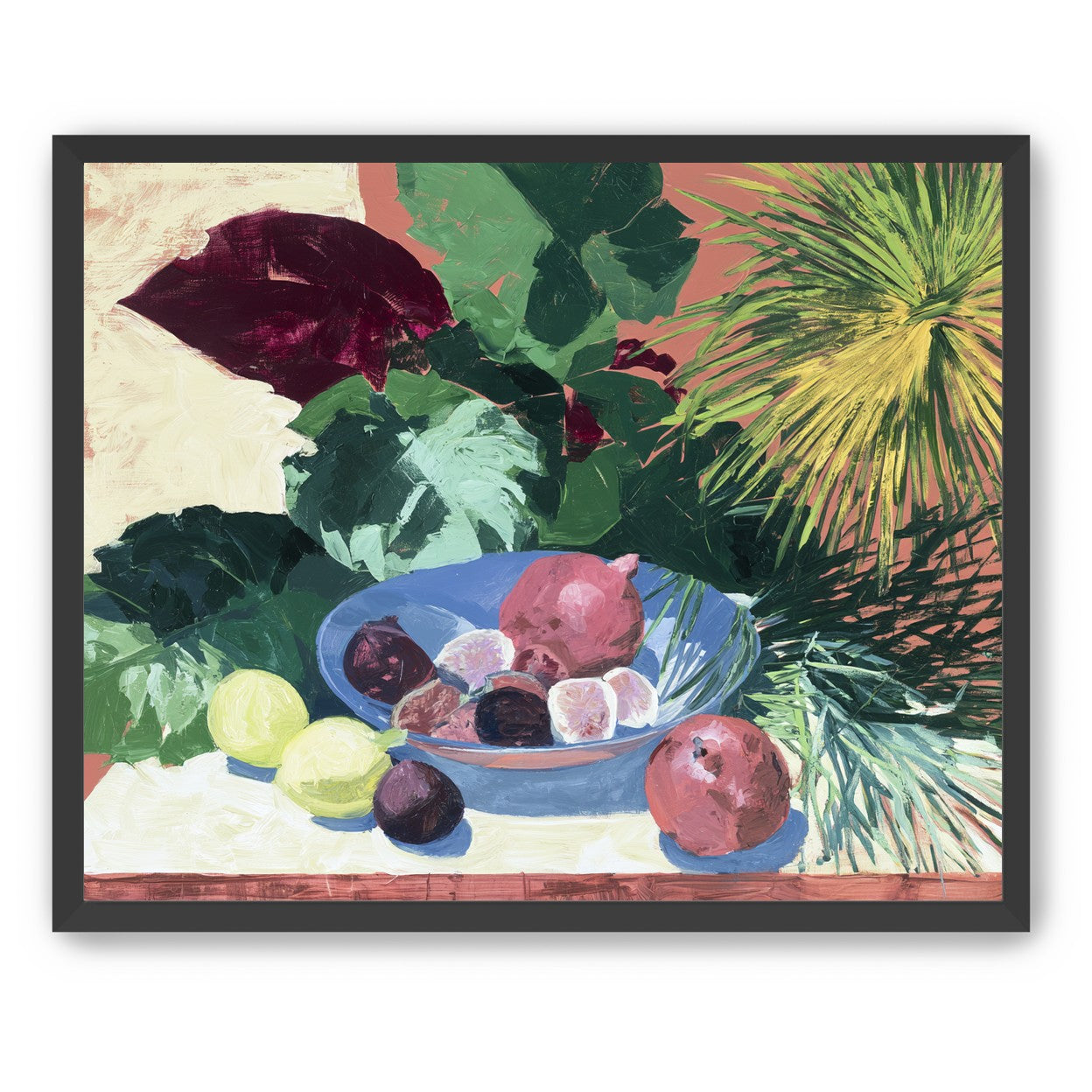 Blue bowl under palm frond
