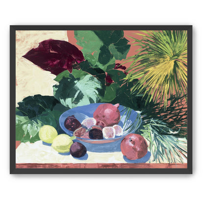 Blue bowl under palm frond