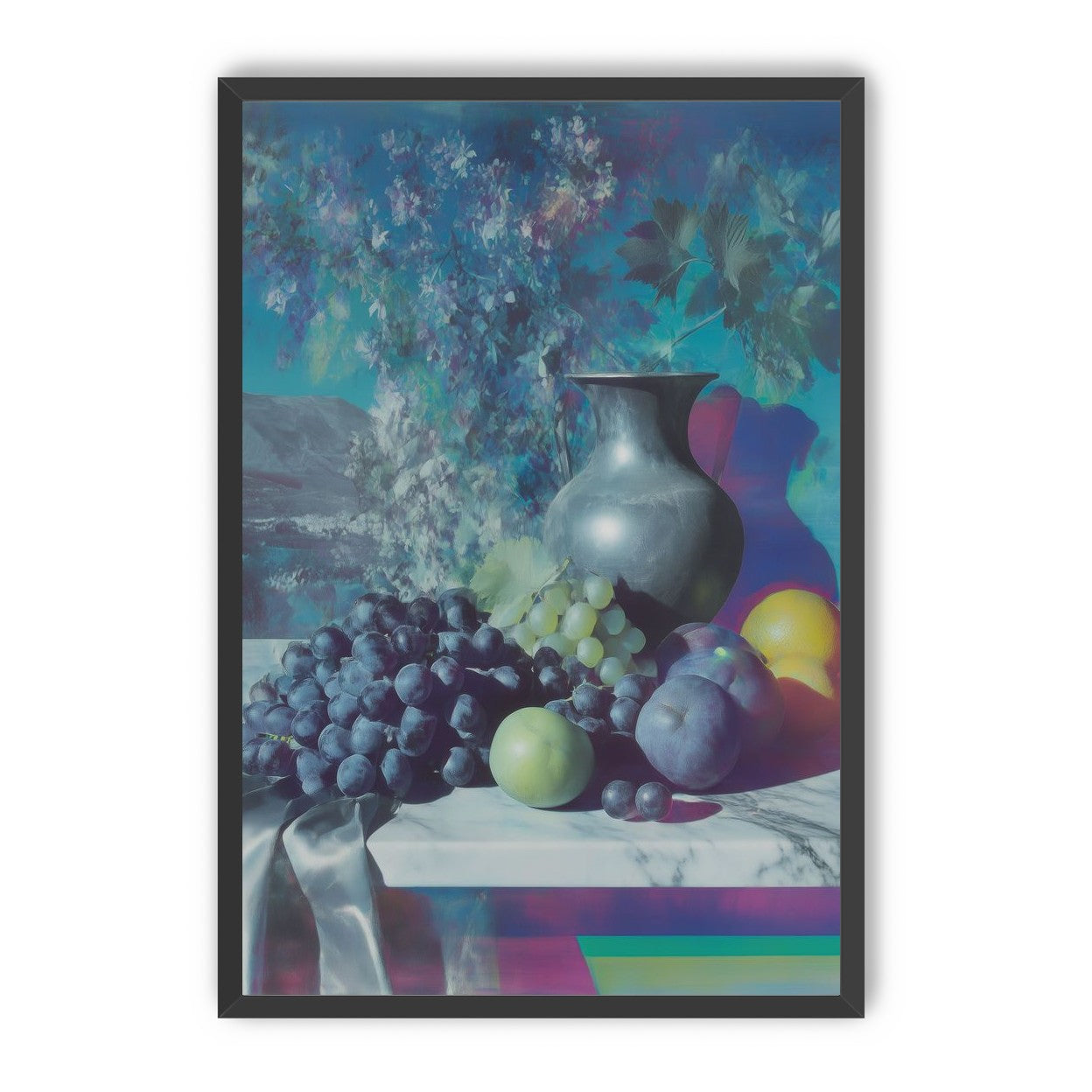 Vase and fruit in blue haze