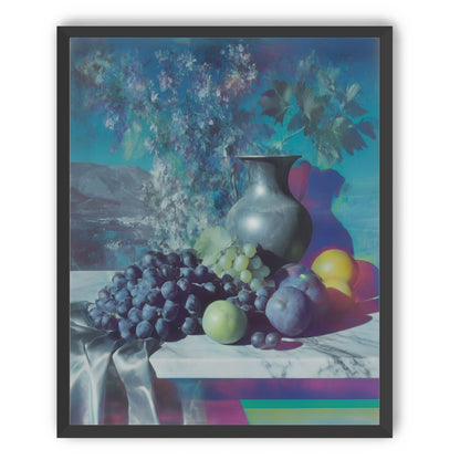 Vase and fruit in blue haze