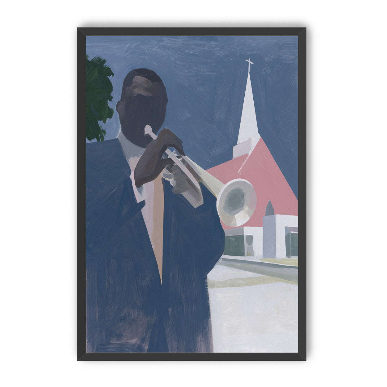 Blue sky over pink church