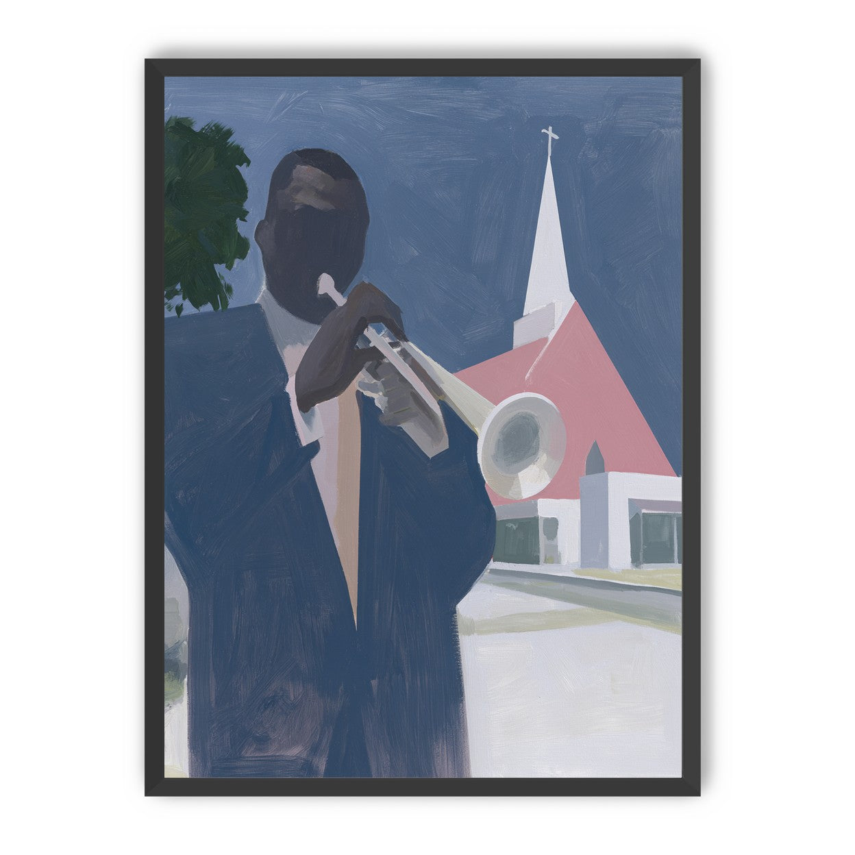 Blue sky over pink church
