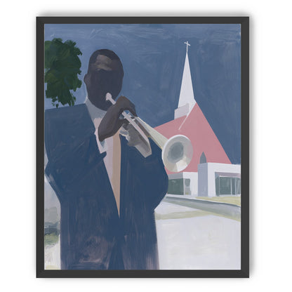 Blue sky over pink church