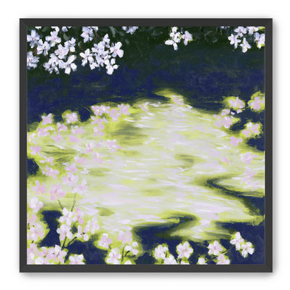 Petals crossing the bright water