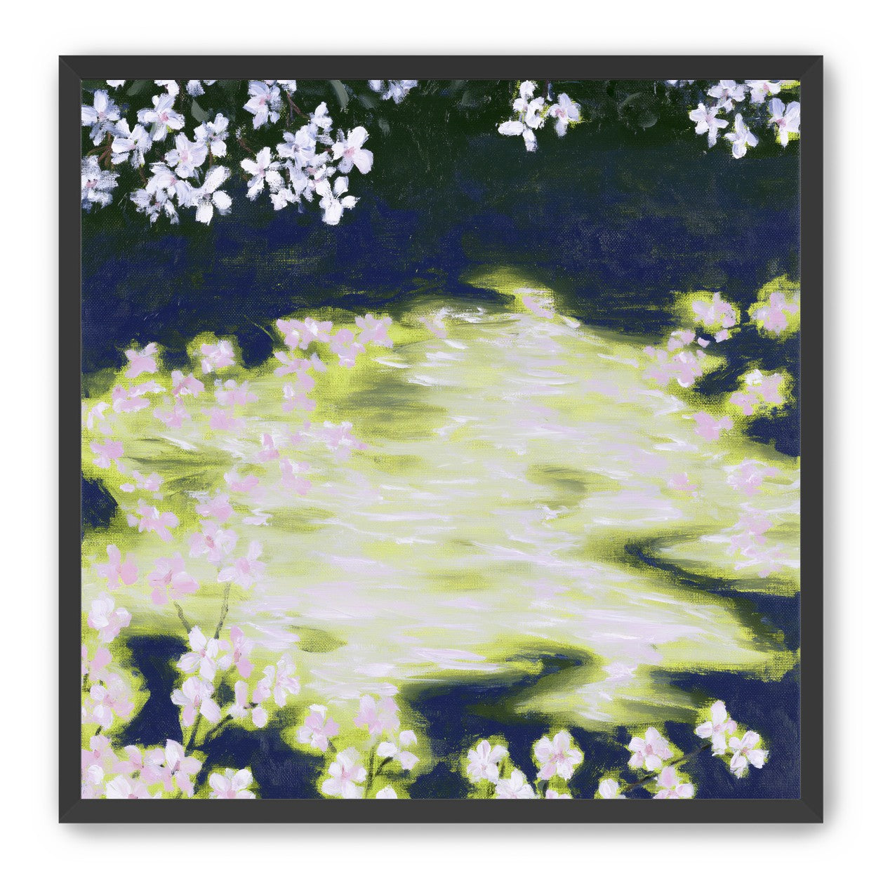 Petals crossing the bright water