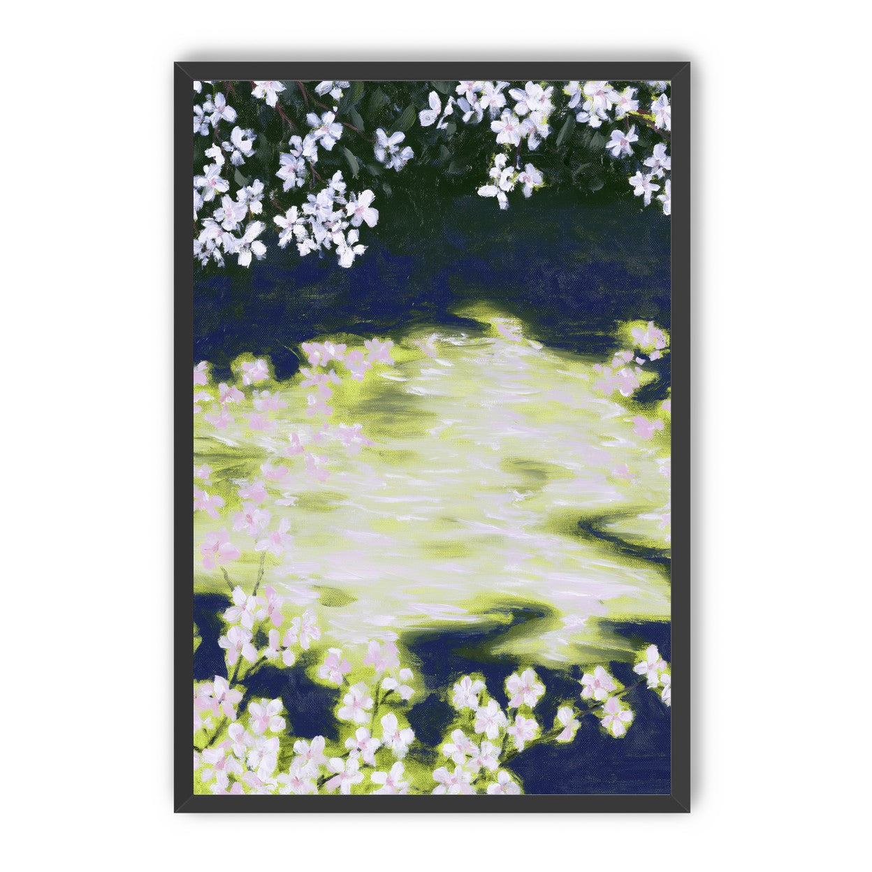 Petals crossing the bright water