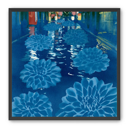 Neon spills into blue floodwater