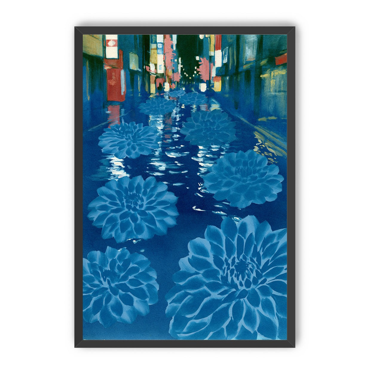 Neon spills into blue floodwater
