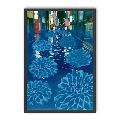 Neon spills into blue floodwater