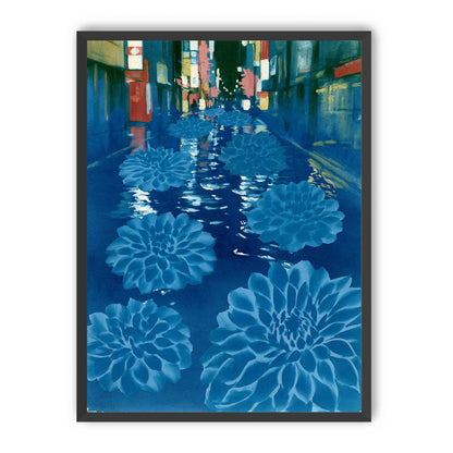 Neon spills into blue floodwater