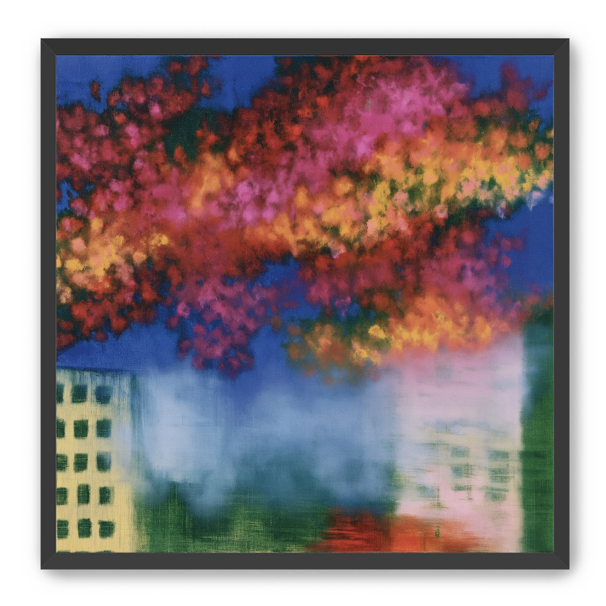Trees above blurred windows
