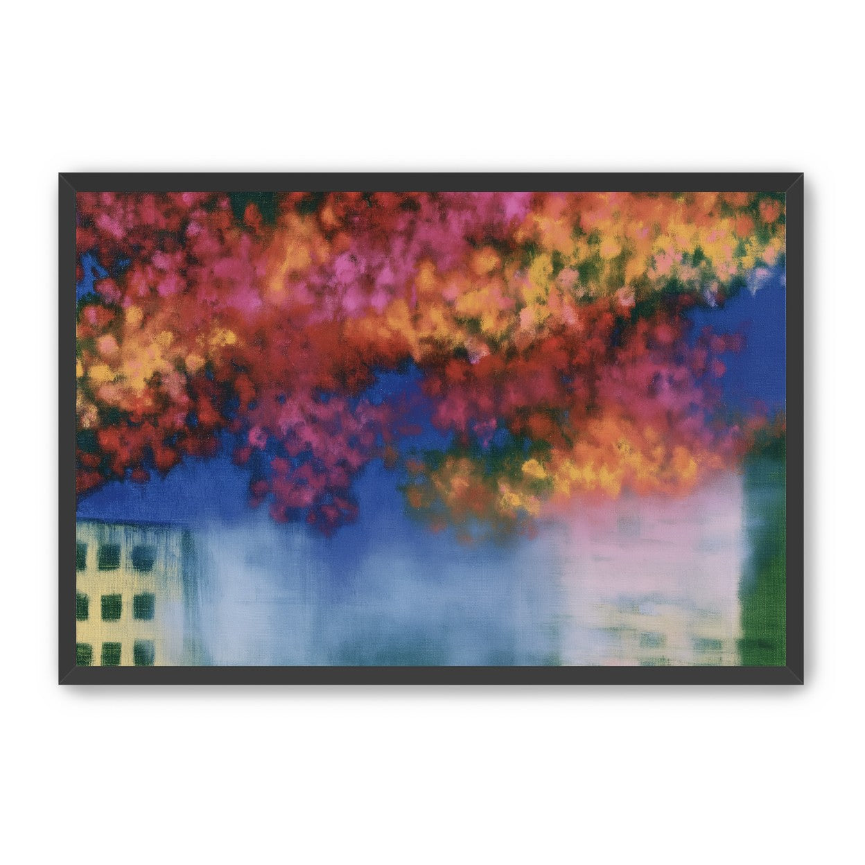 Trees above blurred windows