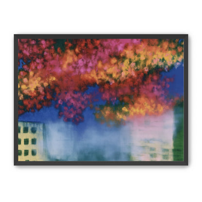 Trees above blurred windows