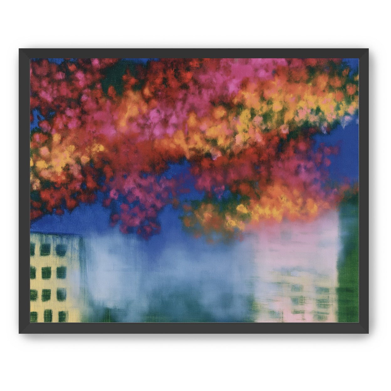 Trees above blurred windows