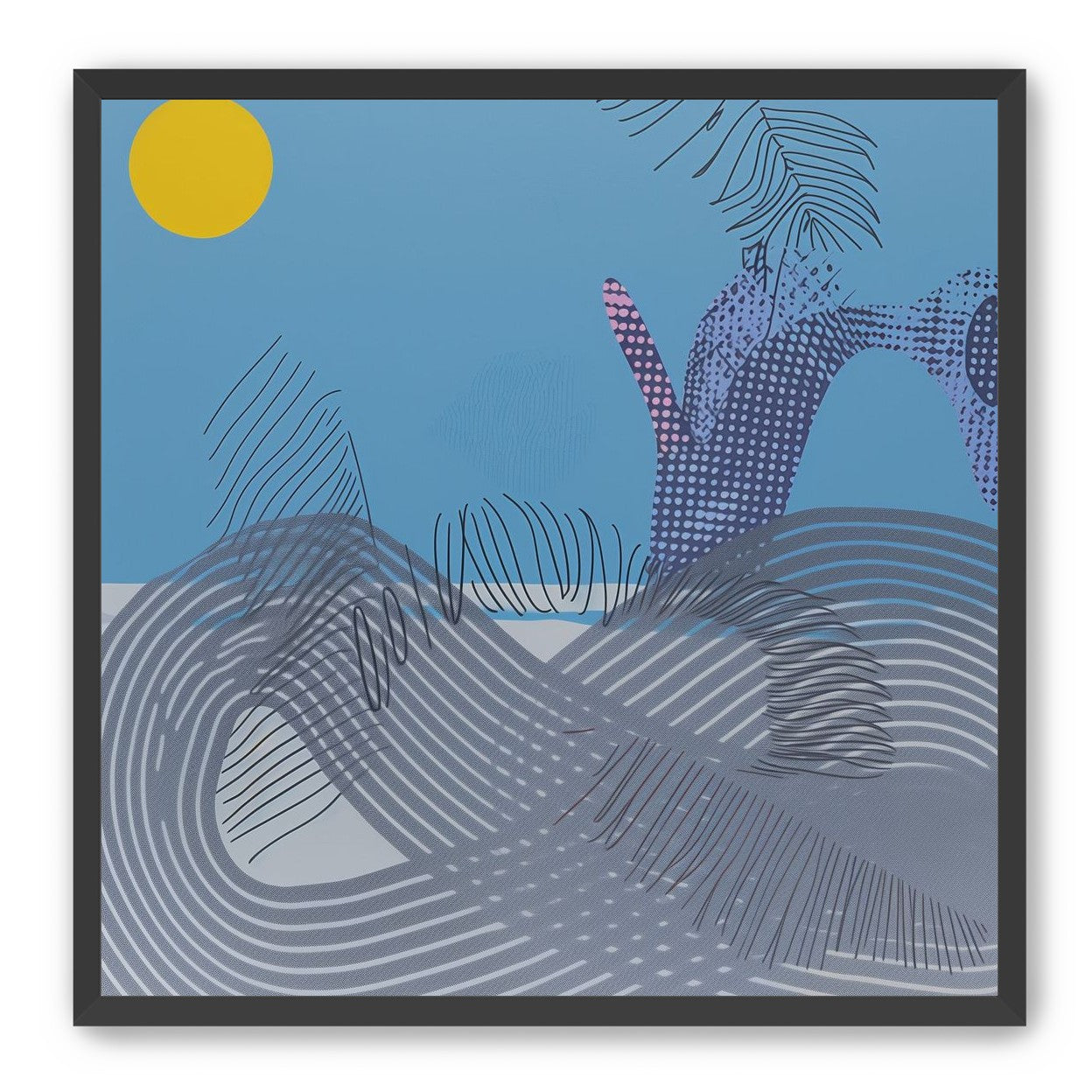 Yellow sun over striped hills