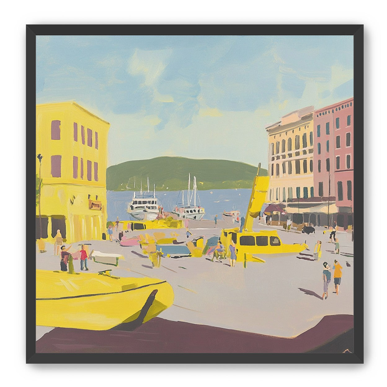 Yellow boats among pastel buildings