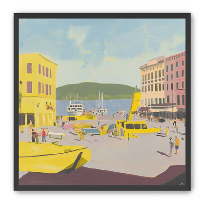 Yellow boats among pastel buildings