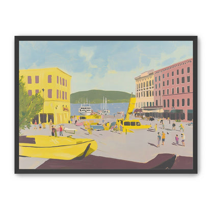 Yellow boats among pastel buildings