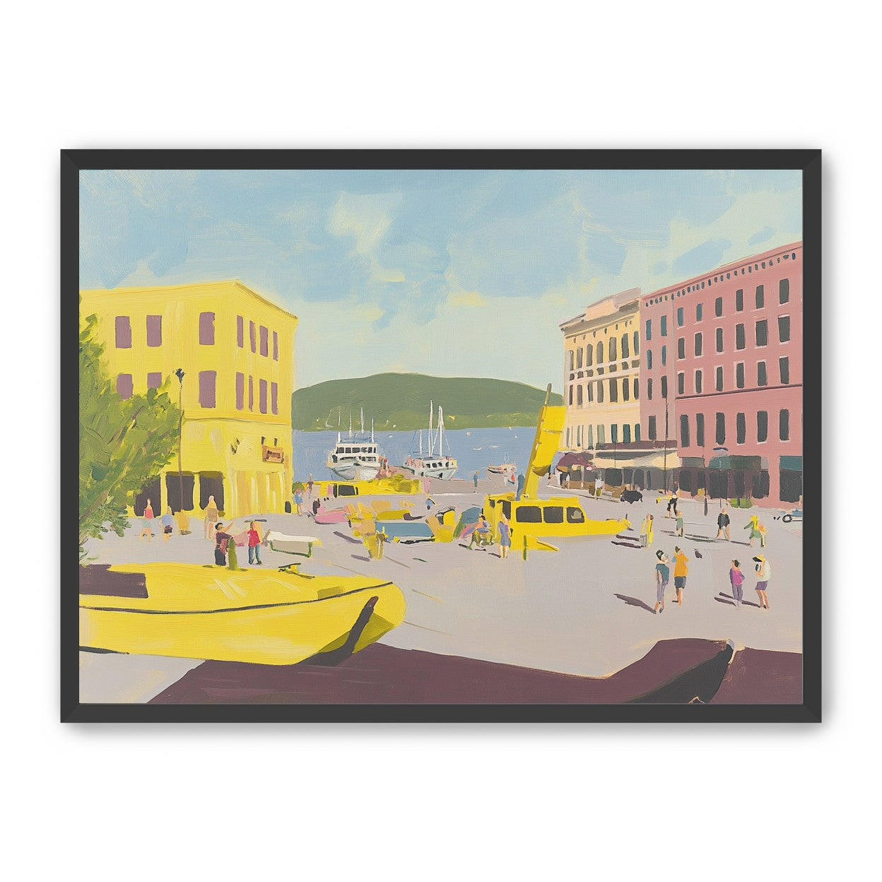 Yellow boats among pastel buildings