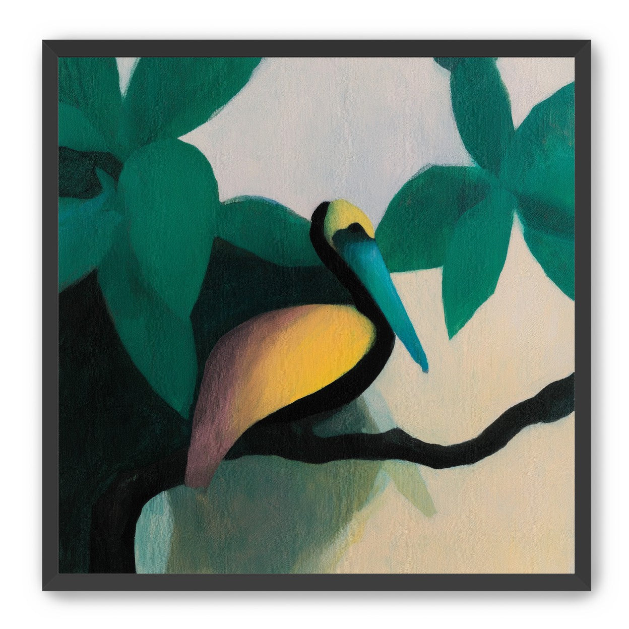 Blue beak in teal leaves