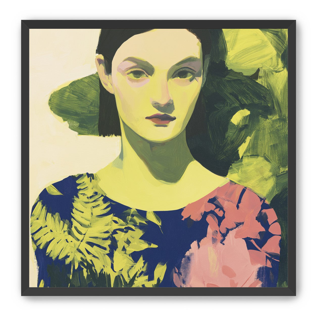 Green leaves behind her portrait