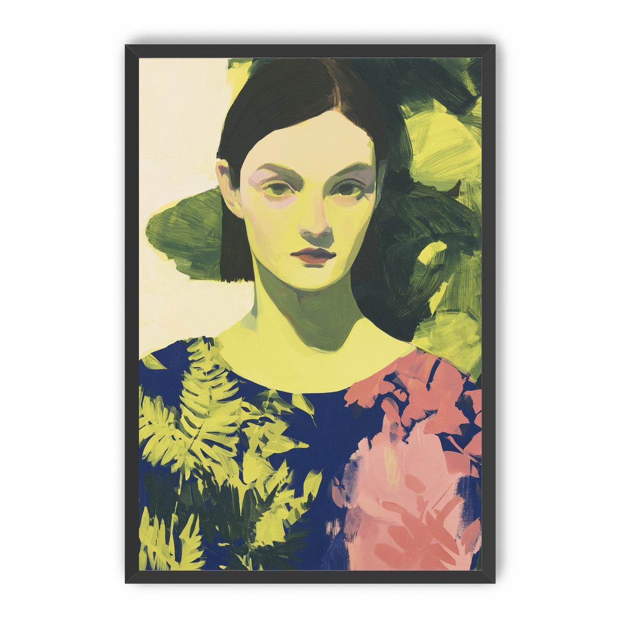 Green leaves behind her portrait