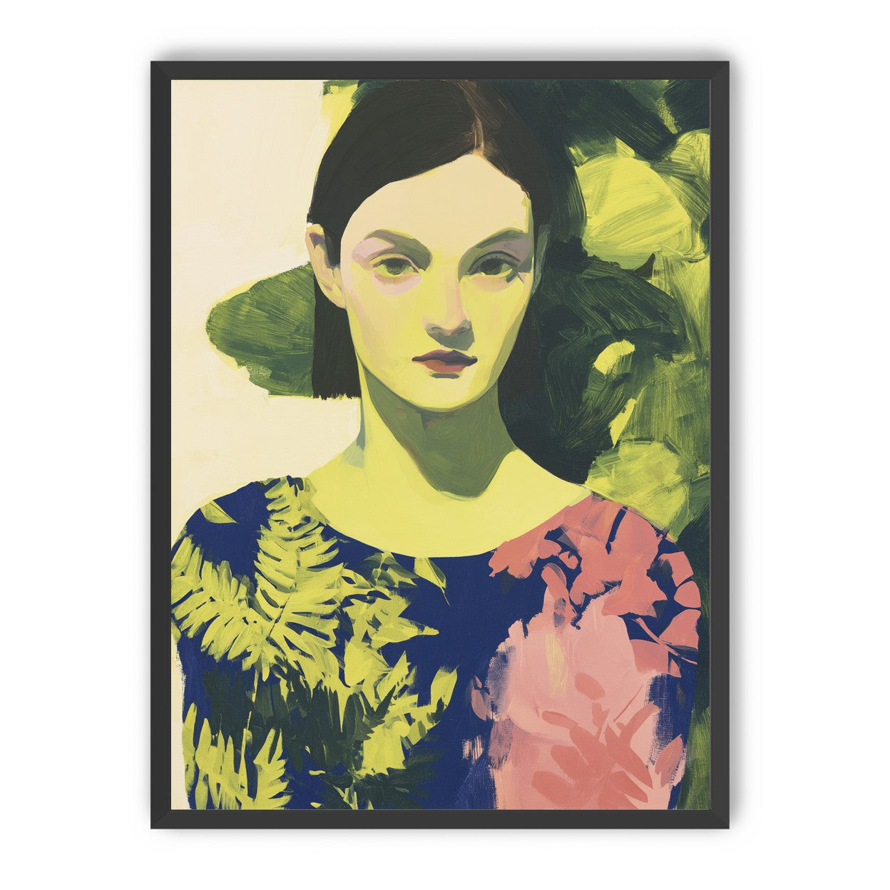 Green leaves behind her portrait