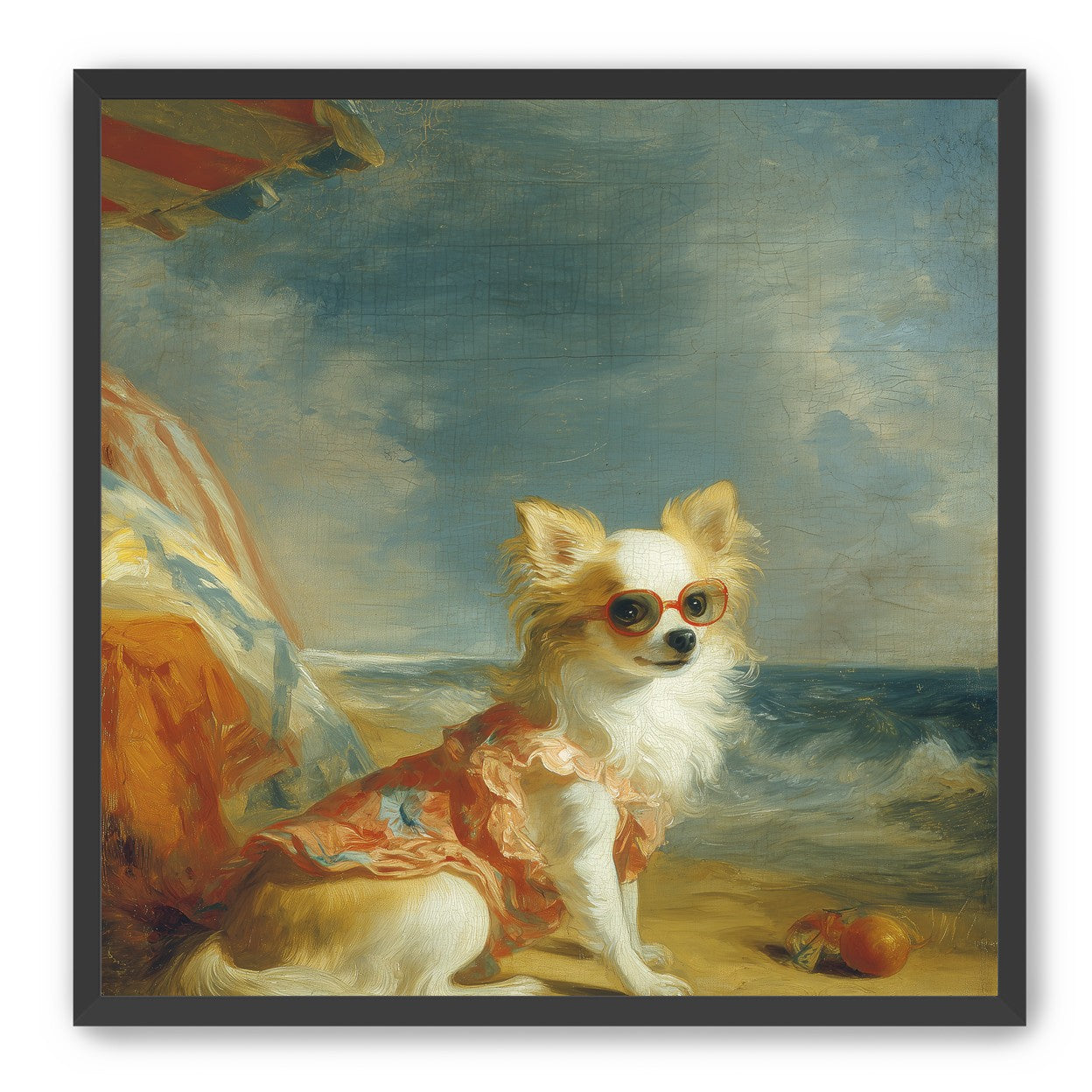 Seaside dog in red sunglasses