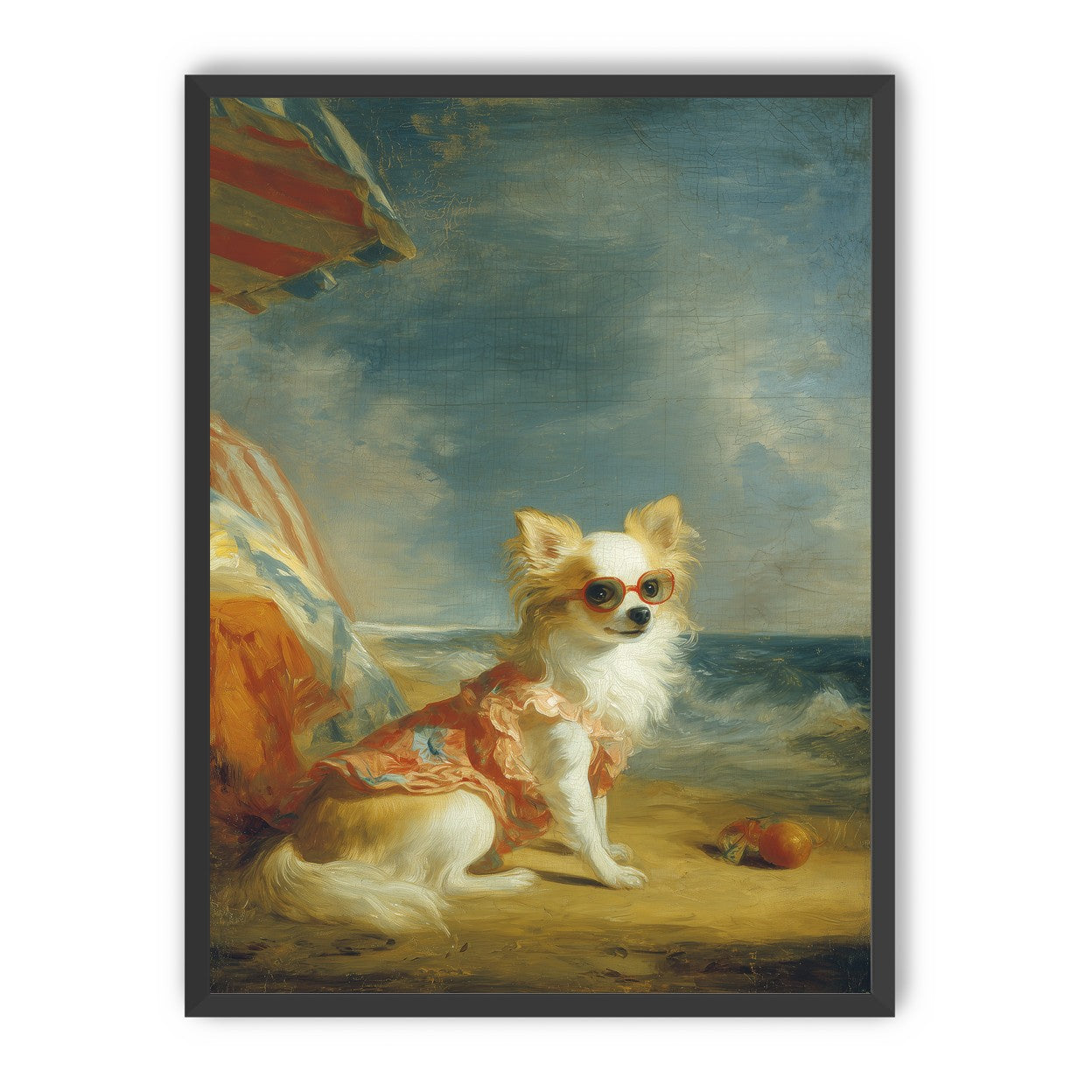 Seaside dog in red sunglasses