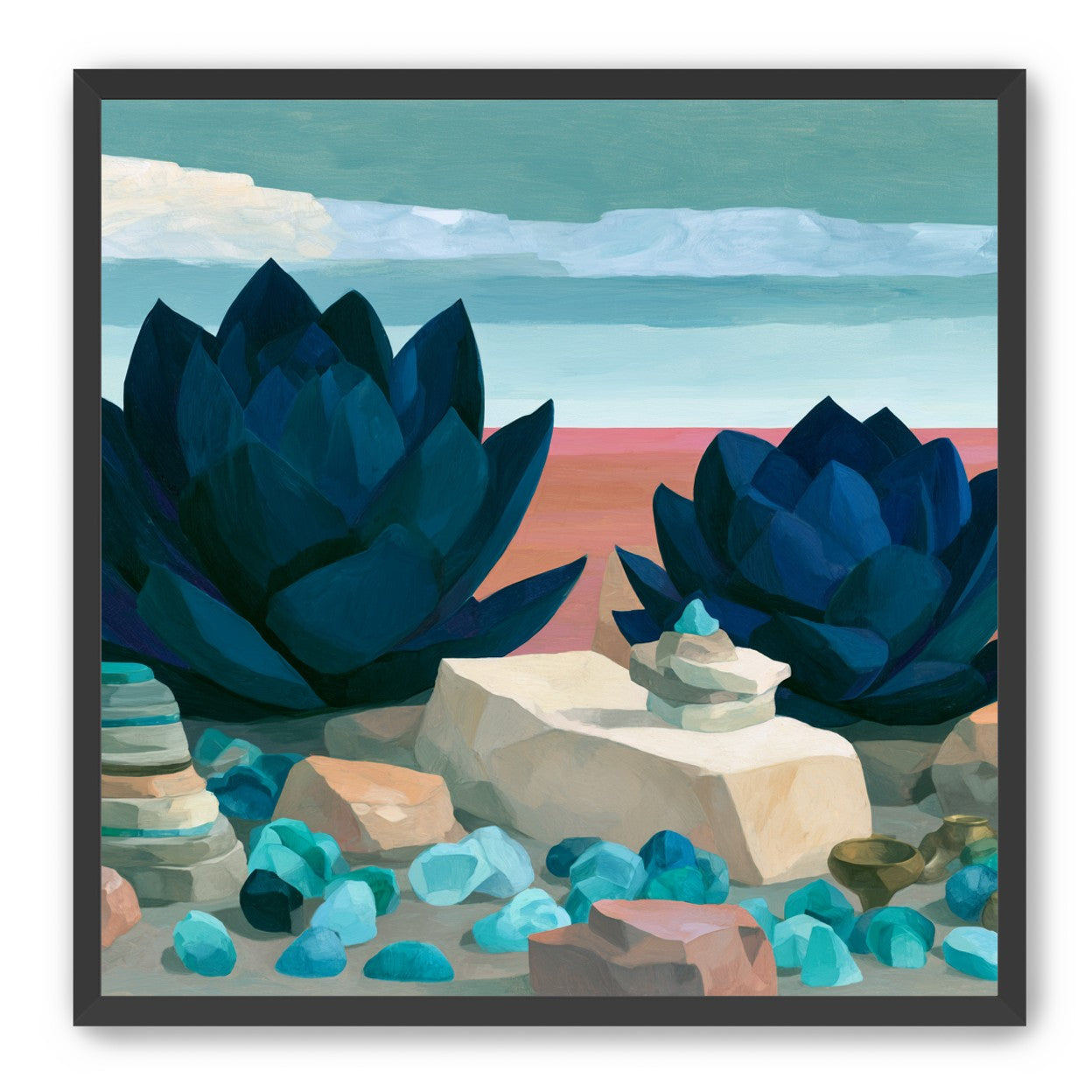 Deep blue blooms on coral ground
