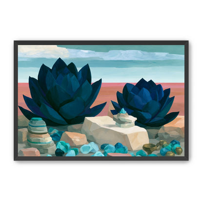 Deep blue blooms on coral ground