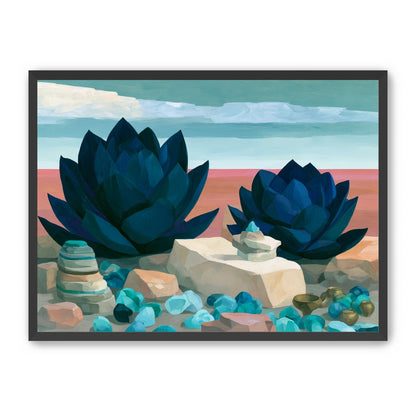 Deep blue blooms on coral ground