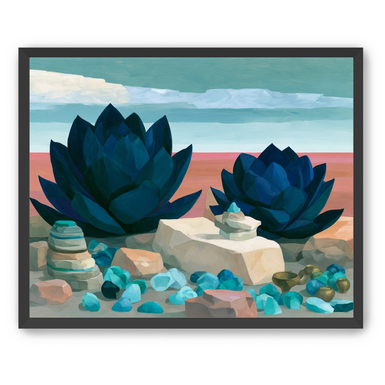 Deep blue blooms on coral ground