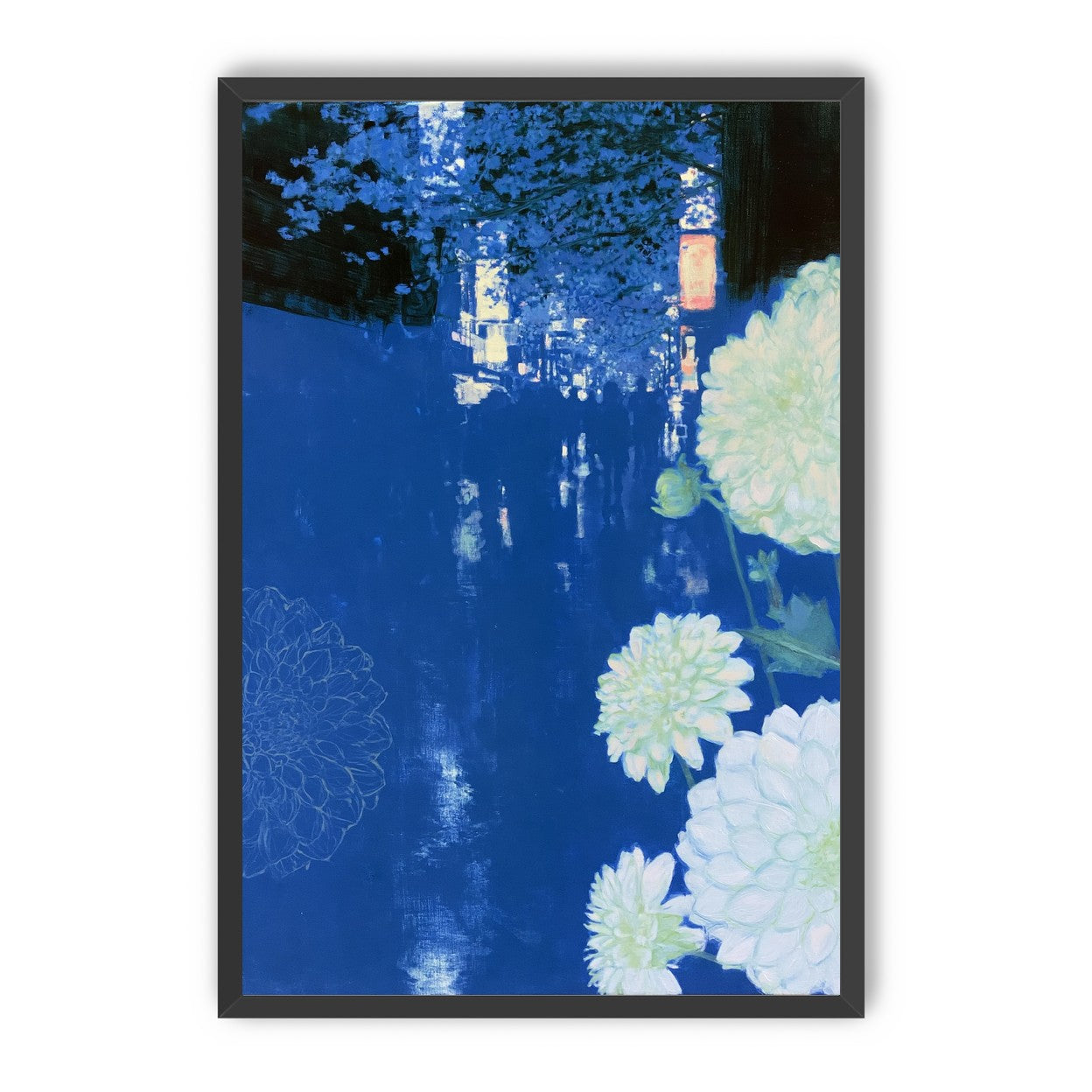 White blooms on blue canal