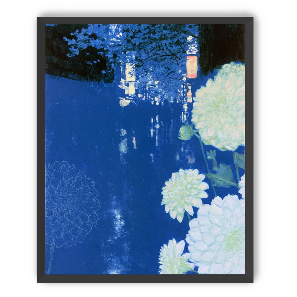 White blooms on blue canal