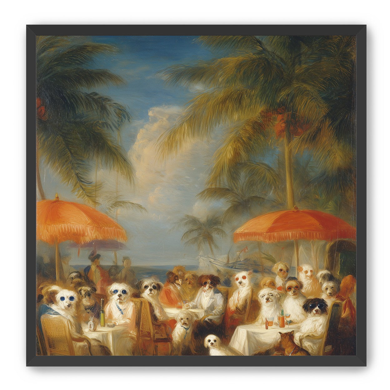 Dogs at seaside tables