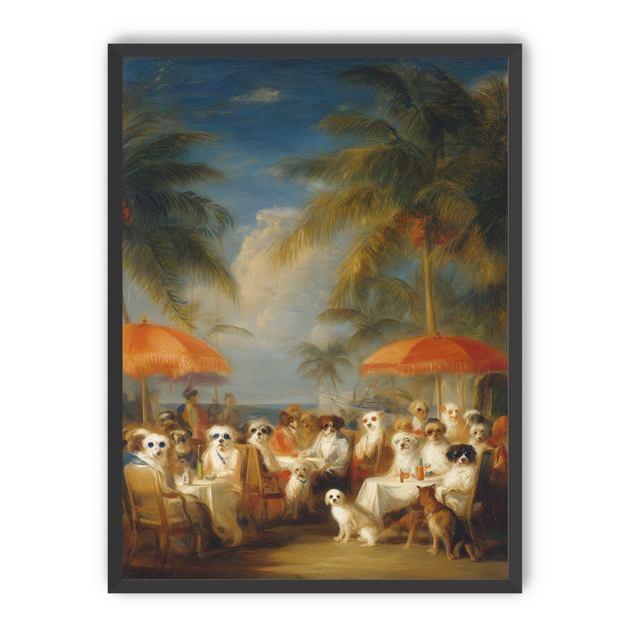 Dogs at seaside tables