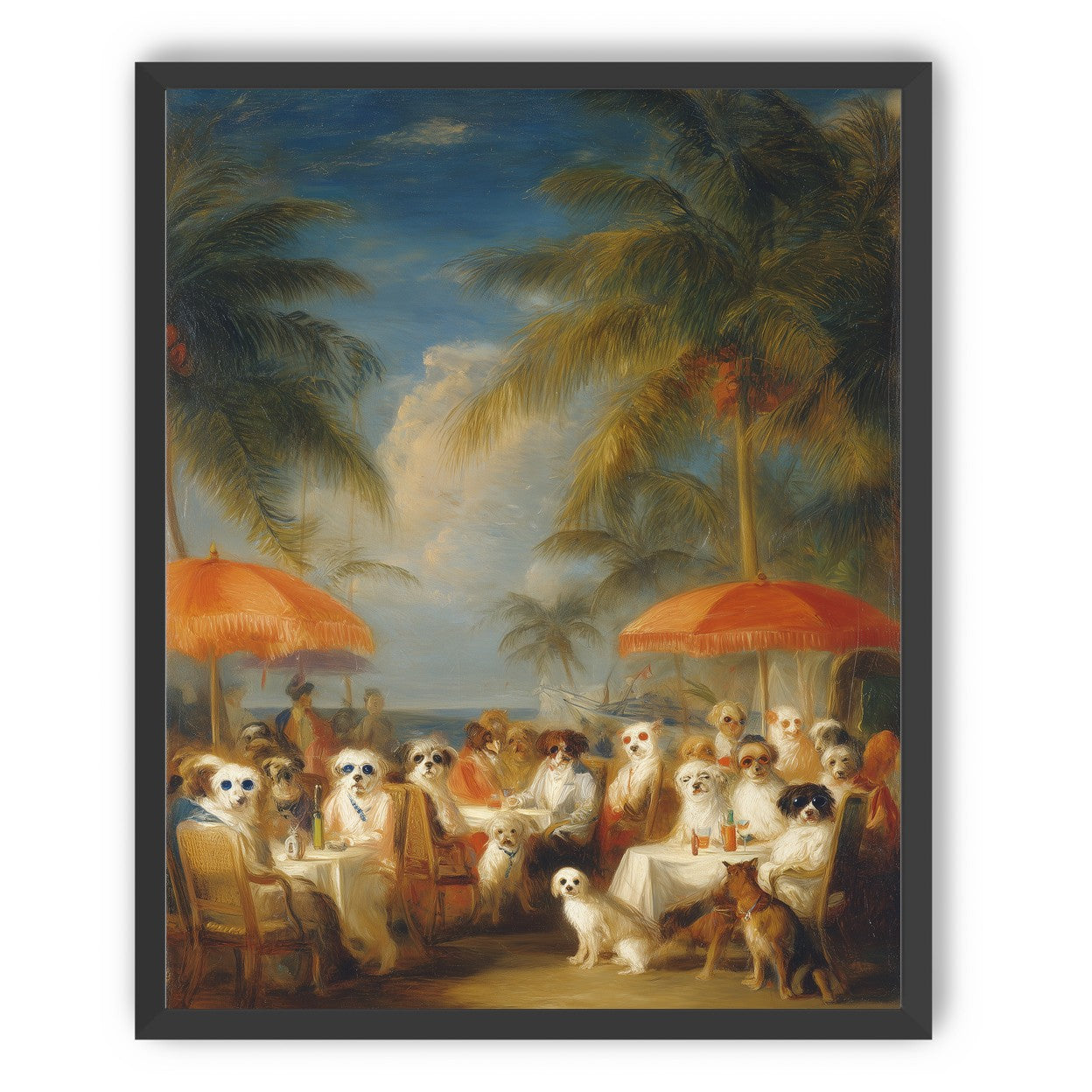 Dogs at seaside tables