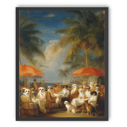 Dogs at seaside tables