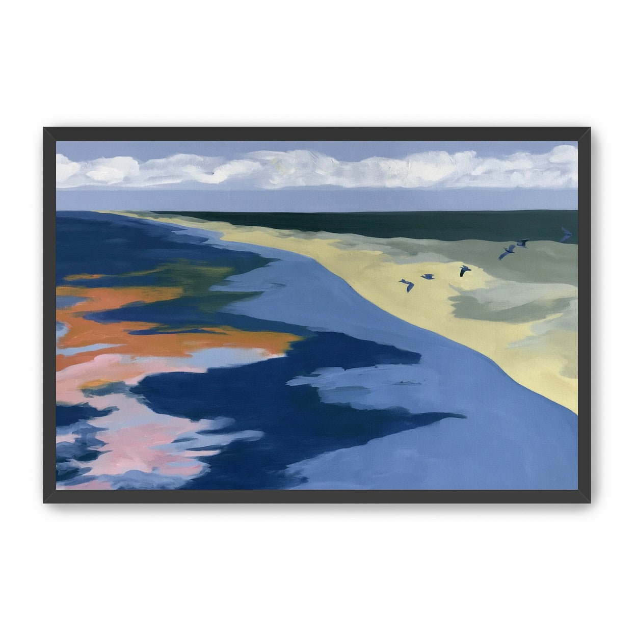 Birds over the pale shore