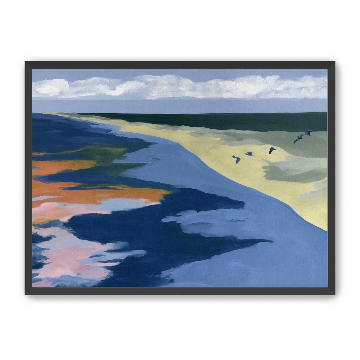 Birds over the pale shore